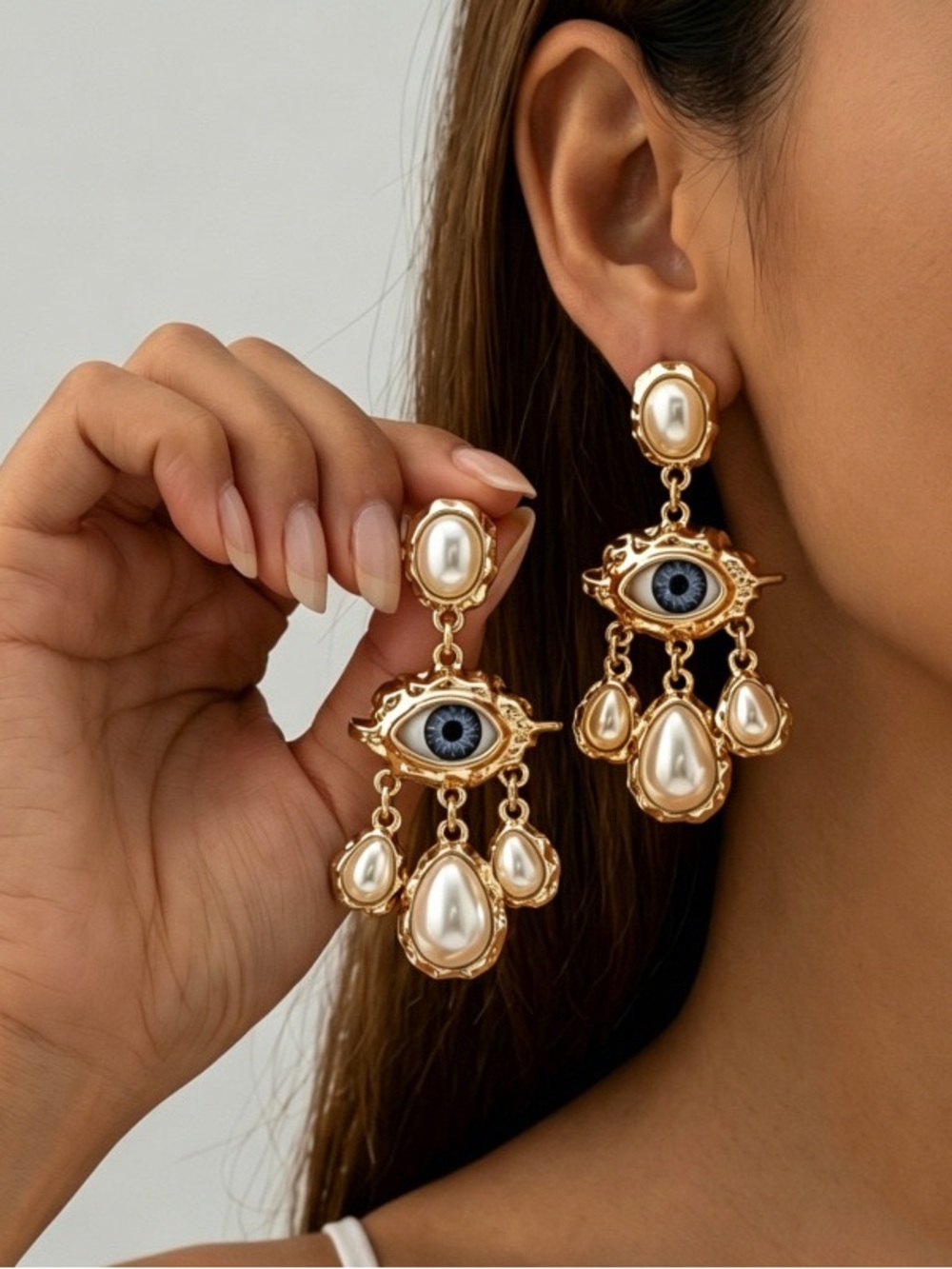 Gold Pearl Evil Eye Drop Earrings - Fashion Jewelry